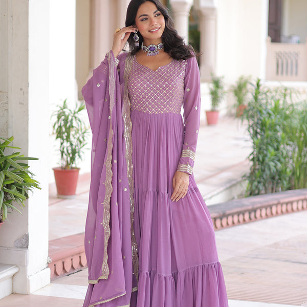 Lorenvalley Fashion Lavender Faux Georgette with Zari & Sequins Embroidered Work Anarkali Gown with Dupatta