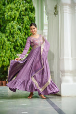 Thumbnail for Lorenvalley Fashion Lavender Vichitra Silk with Embroidered Zari & Thread work Anarkali Gown with Dupatta