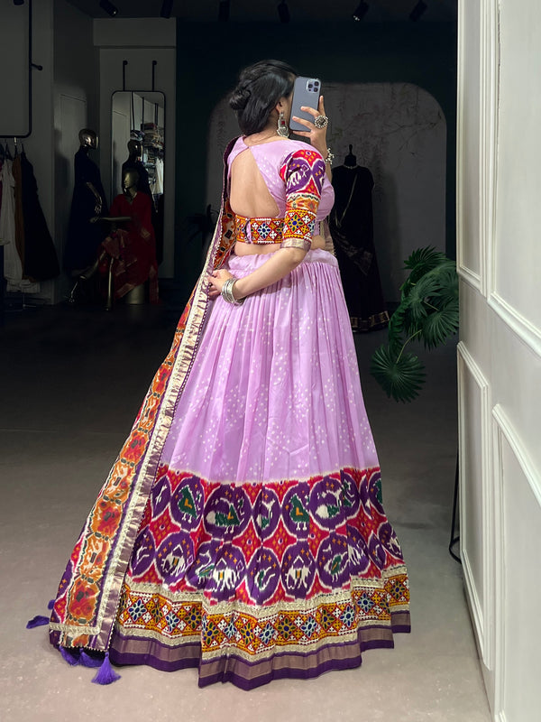 Lorenvalley Fashion Lavender Tasar Silk Print with Foil Work and Real Mirror Gamthi Work with Lace Touch Up Lehenga Choli with Dupatta
