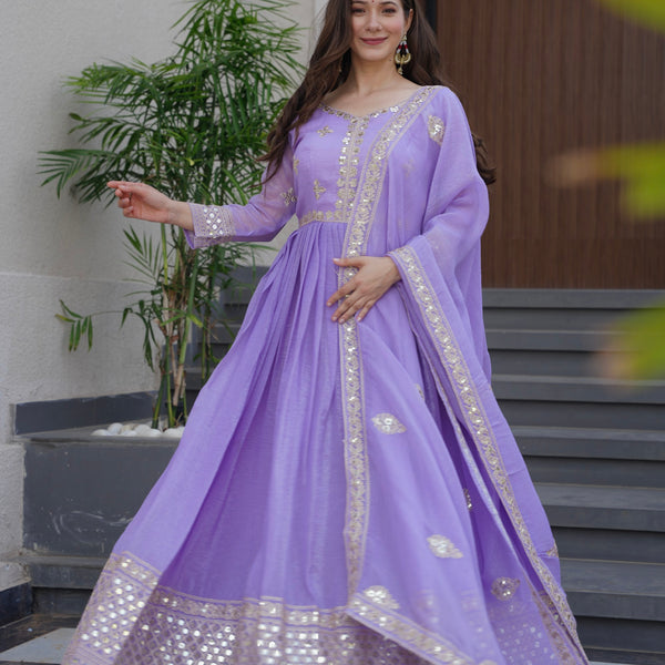 Lorenvalley Fashion Lavender Crunchy Silk with Embroidery Codding & Sequins Work Anarkali Gown with Dupatta - Distacart