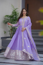 Thumbnail for Lorenvalley Fashion Lavender Crunchy Silk with Embroidery Codding & Sequins Work Anarkali Gown with Dupatta - Distacart