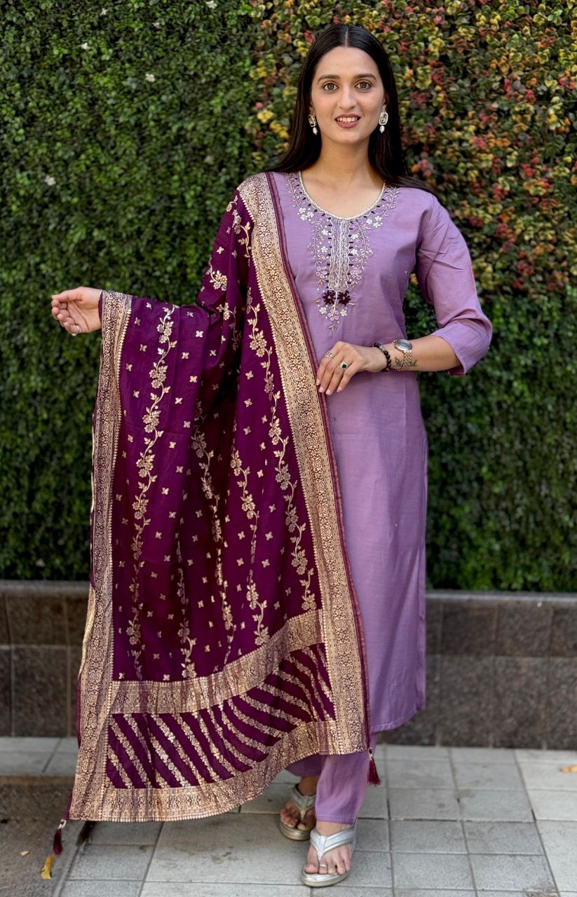 Lorenvalley Fashion Lavender Roman Silk Hand Work Kurta Pant with Dupatta