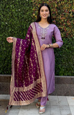 Thumbnail for Lorenvalley Fashion Lavender Roman Silk Hand Work Kurta Pant with Dupatta