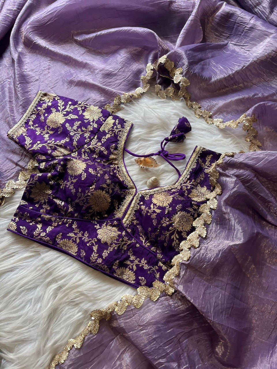 Lorenvalley Fashion Premium Lavender Tissue Crush Saree with Jacquard Weaving Stitched Blouse - Distacart