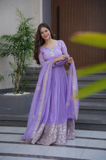 Thumbnail for Lorenvalley Fashion Lavender Crunchy Silk with Embroidery Codding & Sequins Work Anarkali Gown with Dupatta - Distacart