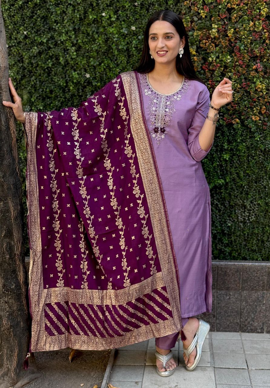 Lorenvalley Fashion Lavender Roman Silk Hand Work Kurta Pant with Dupatta