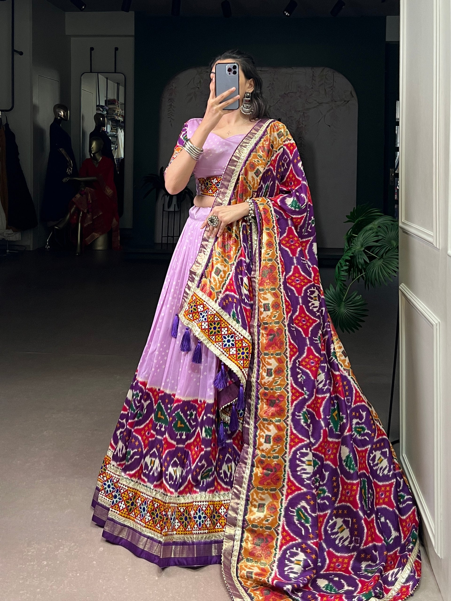 Lorenvalley Fashion Lavender Tasar Silk Print with Foil Work and Real Mirror Gamthi Work with Lace Touch Up Lehenga Choli with Dupatta