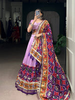Thumbnail for Lorenvalley Fashion Lavender Tasar Silk Print with Foil Work and Real Mirror Gamthi Work with Lace Touch Up Lehenga Choli with Dupatta