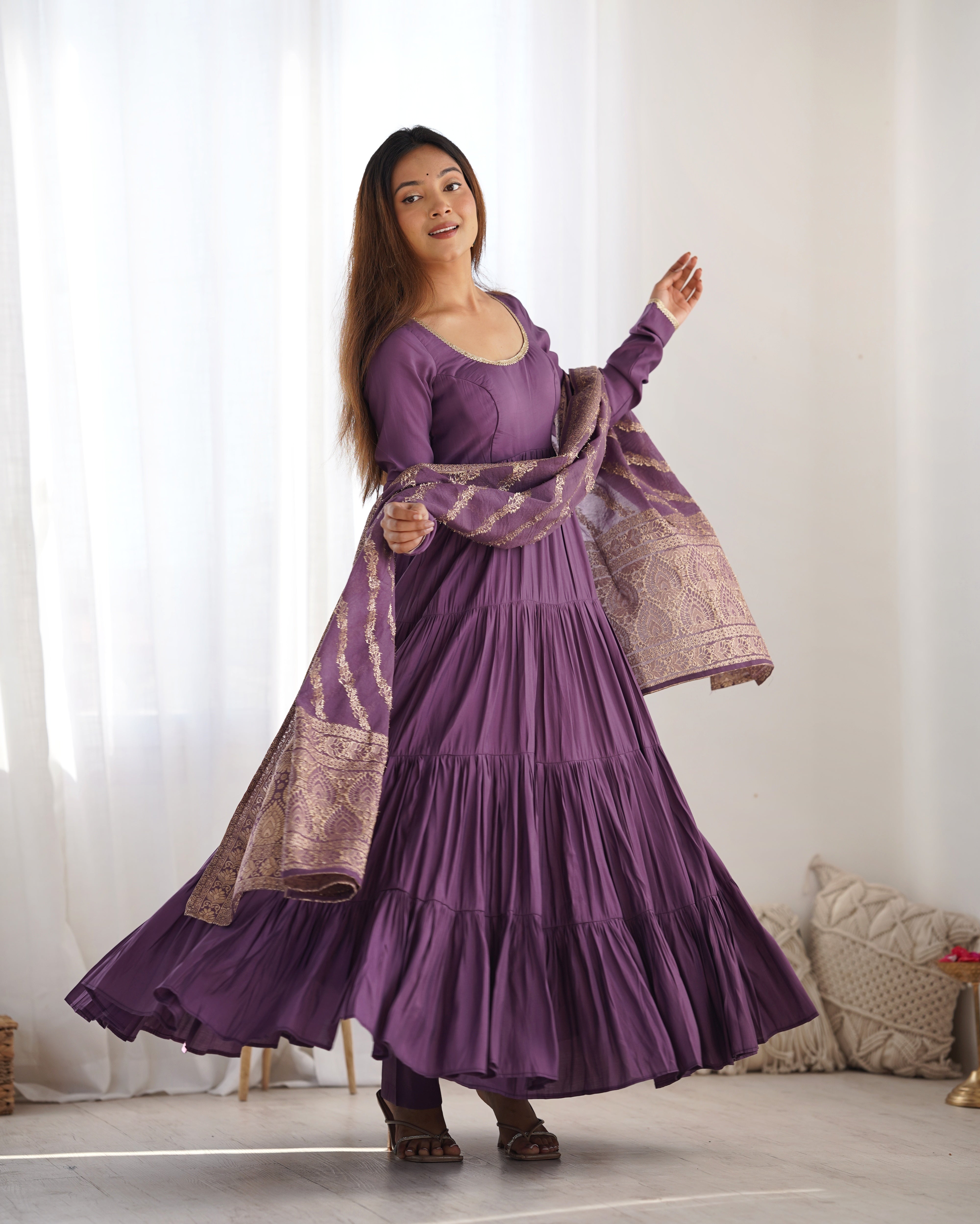 Lorenvalley Women Pure Roman silk Chanderi Fabric Layer Gathering Anarkali Kurta Pant With Dupatta Set - Lavender - Distacart