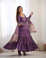 Thumbnail for Lorenvalley Women Pure Roman silk Chanderi Fabric Layer Gathering Anarkali Kurta Pant With Dupatta Set - Lavender - Distacart