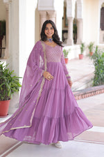 Thumbnail for Lorenvalley Fashion Lavender Faux Georgette with Zari & Sequins Embroidered Work Anarkali Gown with Dupatta
