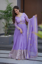 Thumbnail for Lorenvalley Fashion Lavender Crunchy Silk with Embroidery Codding & Sequins Work Anarkali Gown with Dupatta - Distacart