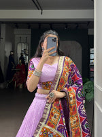 Thumbnail for Lorenvalley Fashion Lavender Tasar Silk Print with Foil Work and Real Mirror Gamthi Work with Lace Touch Up Lehenga Choli with Dupatta