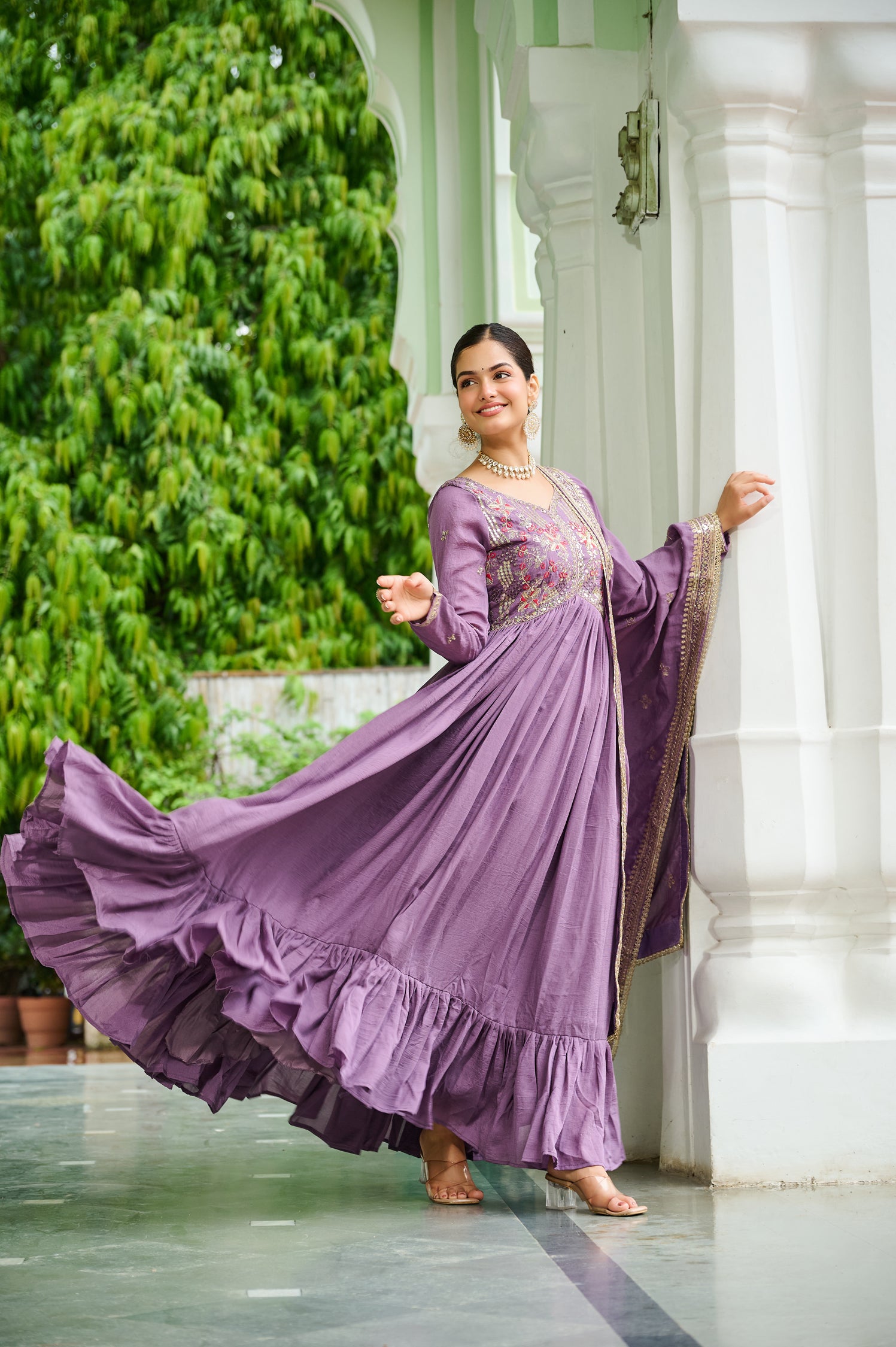 Lorenvalley Fashion Lavender Vichitra Silk with Embroidered Zari & Thread work Anarkali Gown with Dupatta