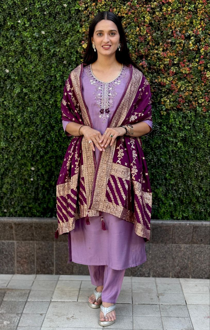 Lorenvalley Fashion Lavender Roman Silk Hand Work Kurta Pant with Dupatta