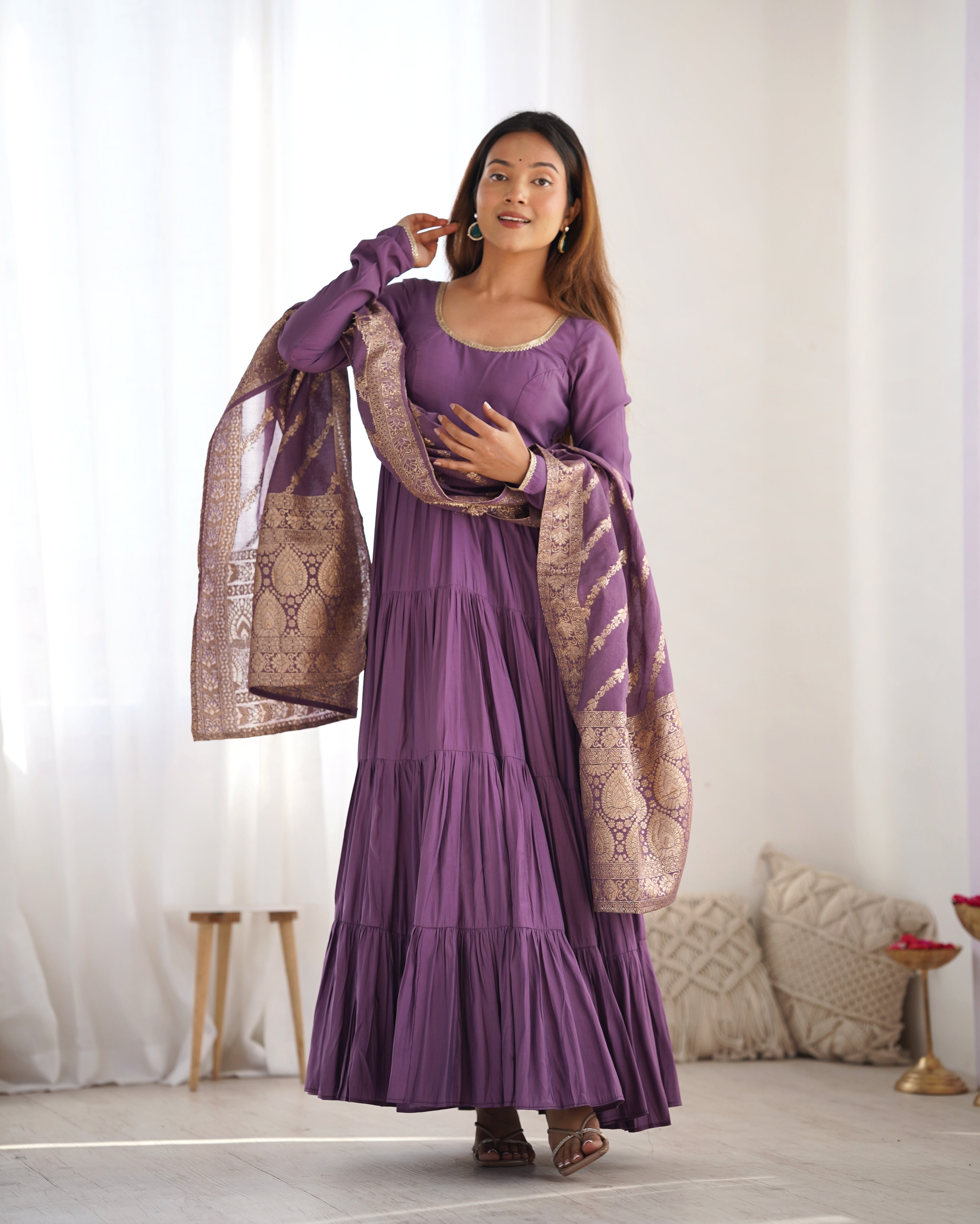 Lorenvalley Women Pure Roman silk Chanderi Fabric Layer Gathering Anarkali Kurta Pant With Dupatta Set - Lavender - Distacart