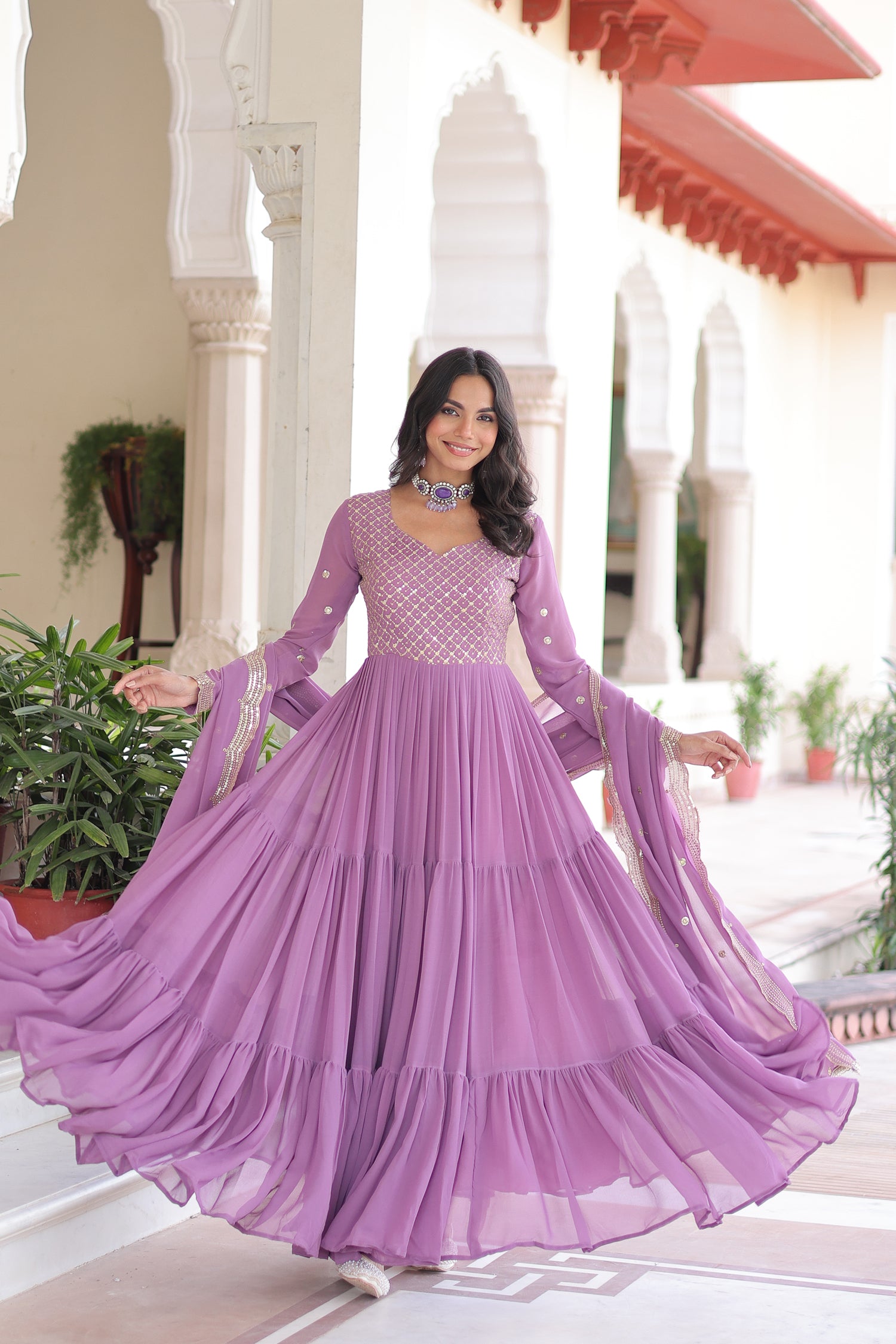 Lorenvalley Fashion Lavender Faux Georgette with Zari & Sequins Embroidered Work Anarkali Gown with Dupatta