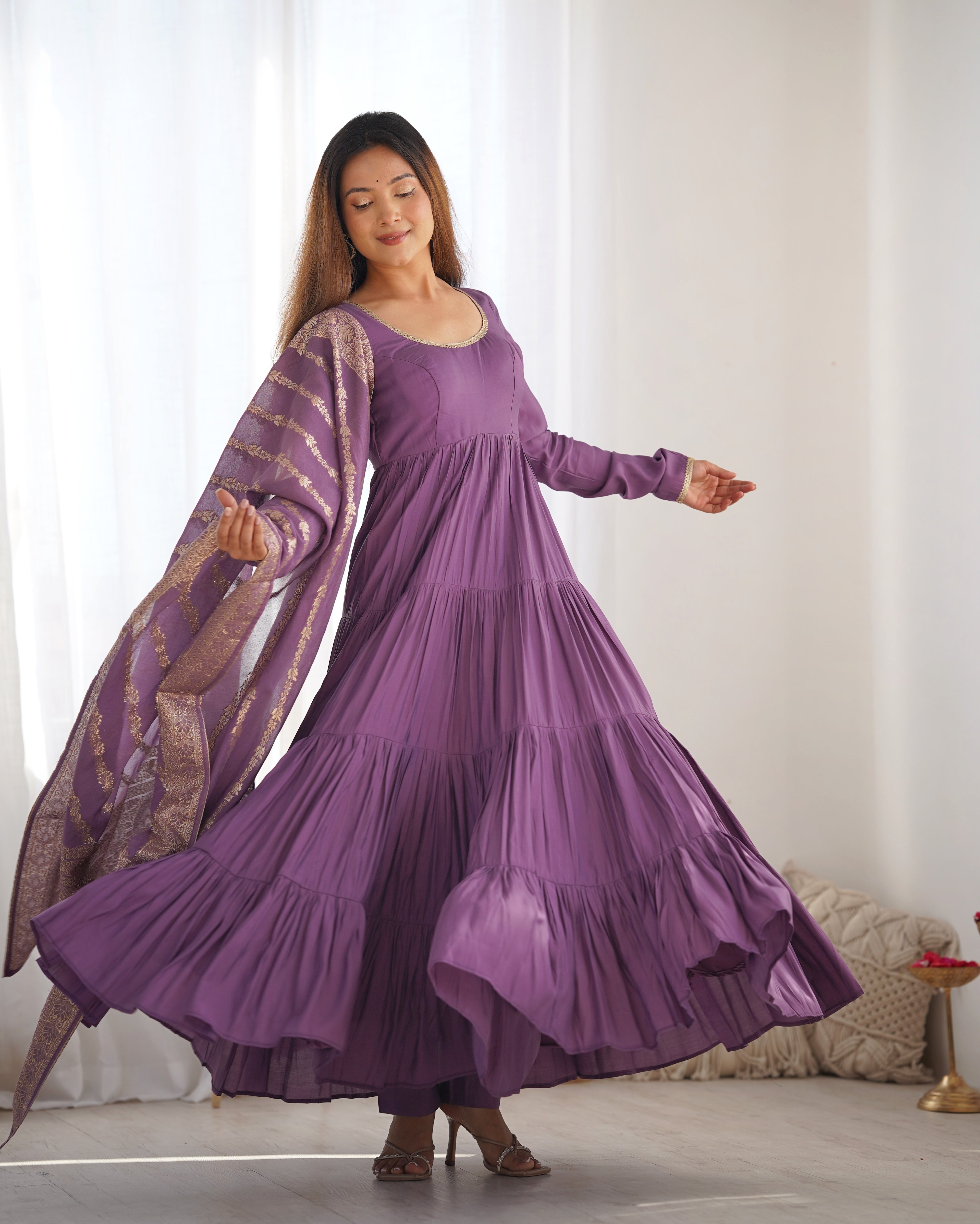 Lorenvalley Women Pure Roman silk Chanderi Fabric Layer Gathering Anarkali Kurta Pant With Dupatta Set - Lavender - Distacart