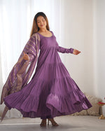 Thumbnail for Lorenvalley Women Pure Roman silk Chanderi Fabric Layer Gathering Anarkali Kurta Pant With Dupatta Set - Lavender - Distacart