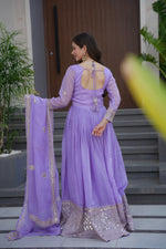 Thumbnail for Lorenvalley Fashion Lavender Crunchy Silk with Embroidery Codding & Sequins Work Anarkali Gown with Dupatta - Distacart