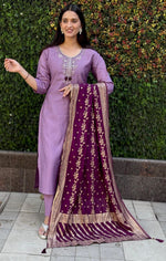 Thumbnail for Lorenvalley Fashion Lavender Roman Silk Hand Work Kurta Pant with Dupatta