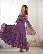Thumbnail for Lorenvalley Women Pure Roman silk Chanderi Fabric Layer Gathering Anarkali Kurta Pant With Dupatta Set - Lavender - Distacart