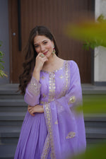 Thumbnail for Lorenvalley Fashion Lavender Crunchy Silk with Embroidery Codding & Sequins Work Anarkali Gown with Dupatta - Distacart