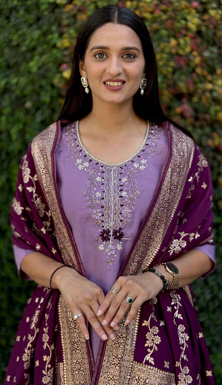Lorenvalley Fashion Lavender Roman Silk Hand Work Kurta Pant with Dupatta
