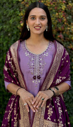 Thumbnail for Lorenvalley Fashion Lavender Roman Silk Hand Work Kurta Pant with Dupatta