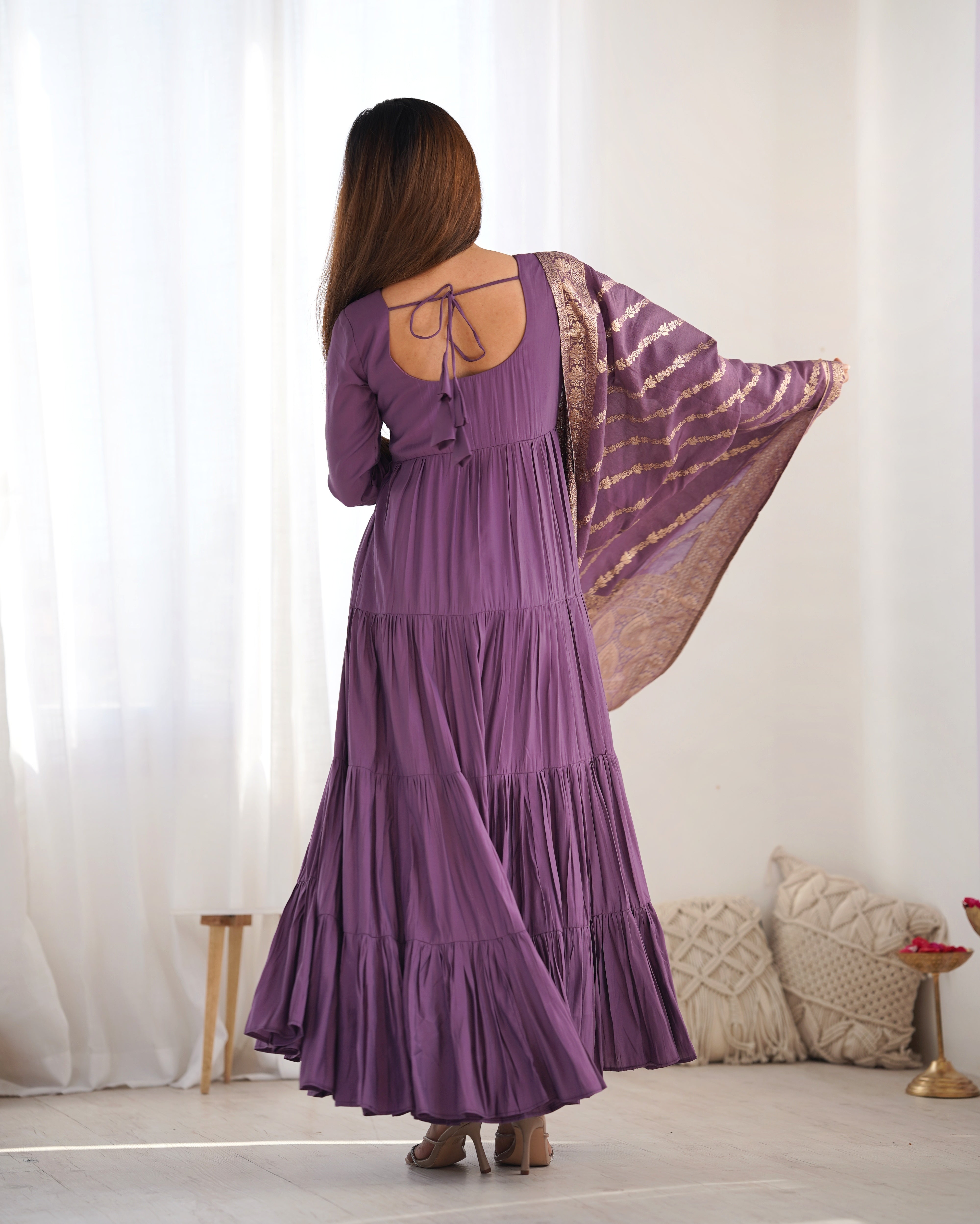 Lorenvalley Women Pure Roman silk Chanderi Fabric Layer Gathering Anarkali Kurta Pant With Dupatta Set - Lavender - Distacart