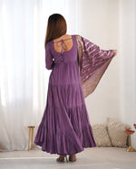 Thumbnail for Lorenvalley Women Pure Roman silk Chanderi Fabric Layer Gathering Anarkali Kurta Pant With Dupatta Set - Lavender - Distacart