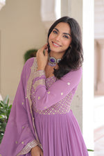 Thumbnail for Lorenvalley Fashion Lavender Faux Georgette with Zari & Sequins Embroidered Work Anarkali Gown with Dupatta