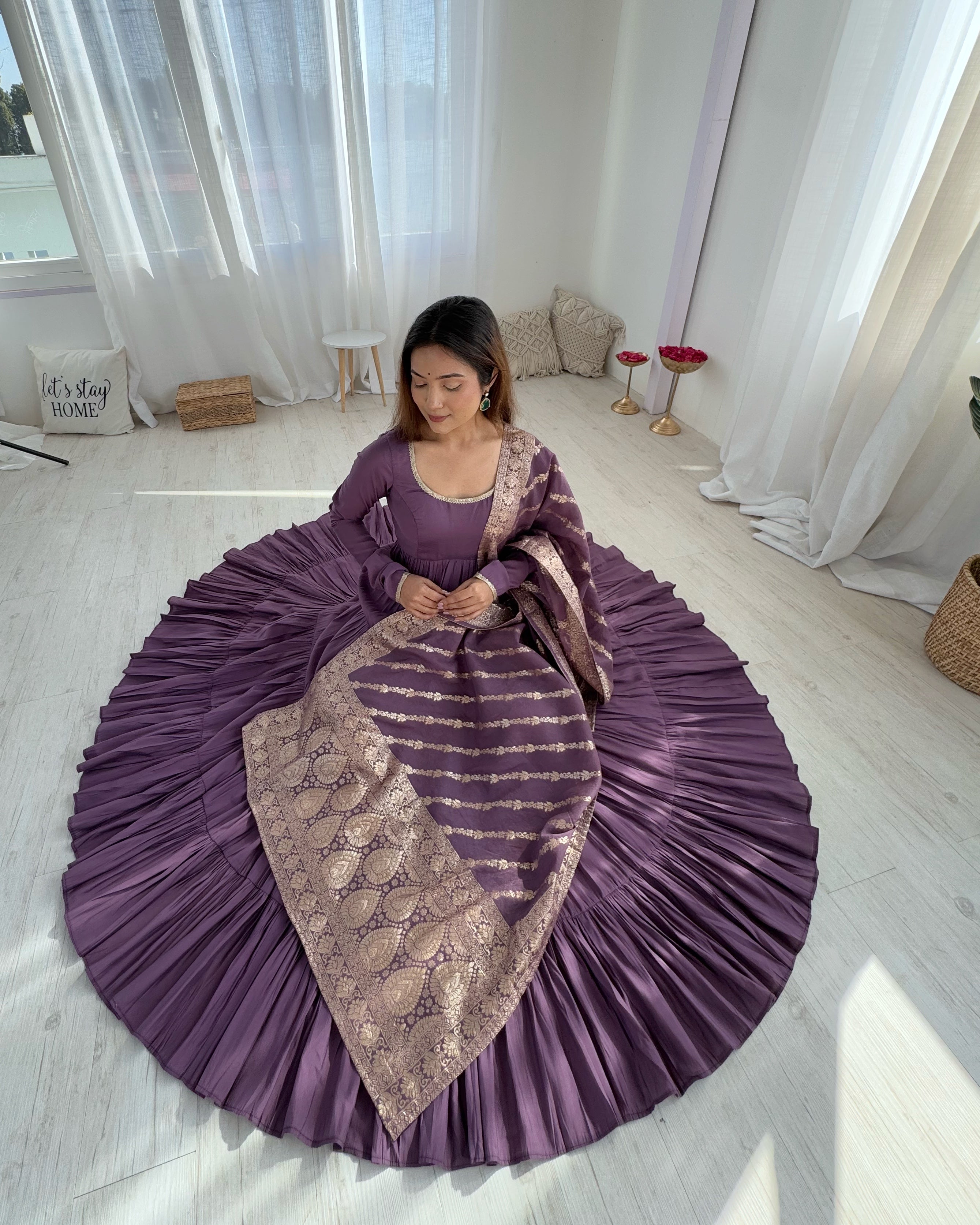 Lorenvalley Women Pure Roman silk Chanderi Fabric Layer Gathering Anarkali Kurta Pant With Dupatta Set - Lavender - Distacart