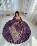 Thumbnail for Lorenvalley Women Pure Roman silk Chanderi Fabric Layer Gathering Anarkali Kurta Pant With Dupatta Set - Lavender - Distacart