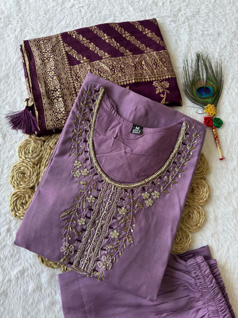 Lorenvalley Fashion Lavender Roman Silk Hand Work Kurta Pant with Dupatta