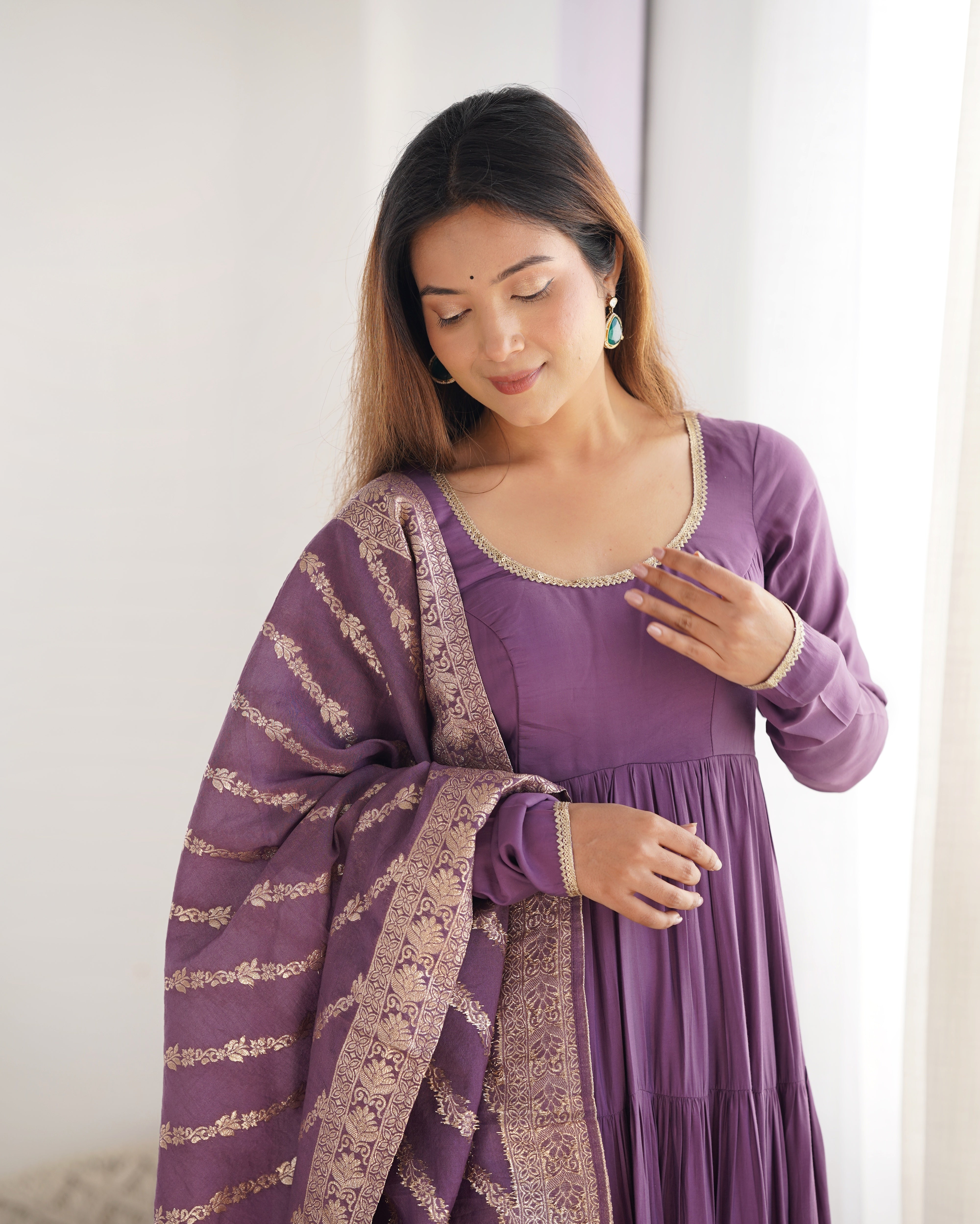 Lorenvalley Women Pure Roman silk Chanderi Fabric Layer Gathering Anarkali Kurta Pant With Dupatta Set - Lavender - Distacart
