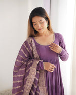 Thumbnail for Lorenvalley Women Pure Roman silk Chanderi Fabric Layer Gathering Anarkali Kurta Pant With Dupatta Set - Lavender - Distacart