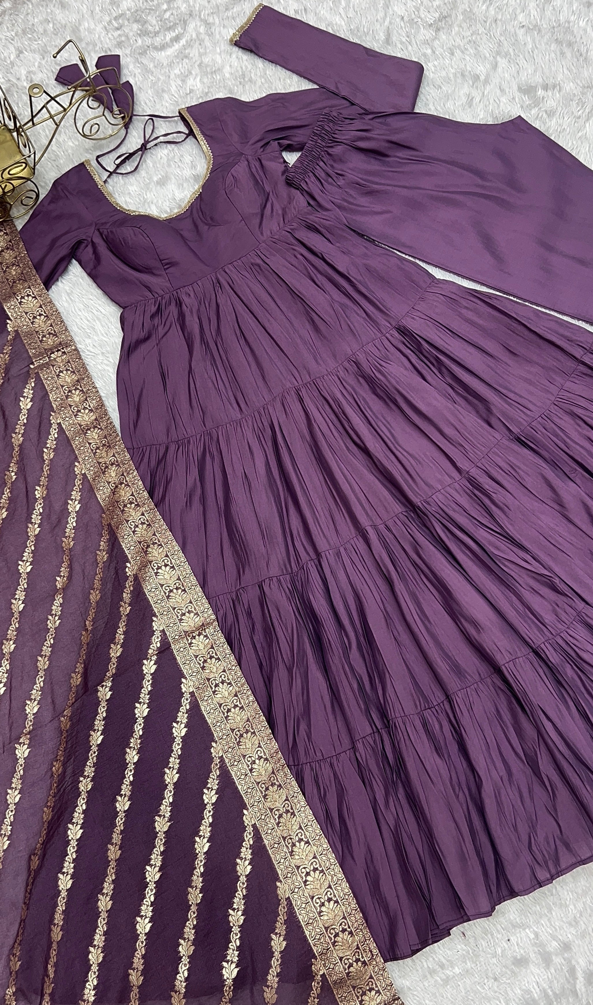 Lorenvalley Women Pure Roman silk Chanderi Fabric Layer Gathering Anarkali Kurta Pant With Dupatta Set - Lavender - Distacart
