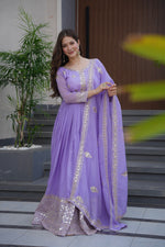 Thumbnail for Lorenvalley Fashion Lavender Crunchy Silk with Embroidery Codding & Sequins Work Anarkali Gown with Dupatta - Distacart