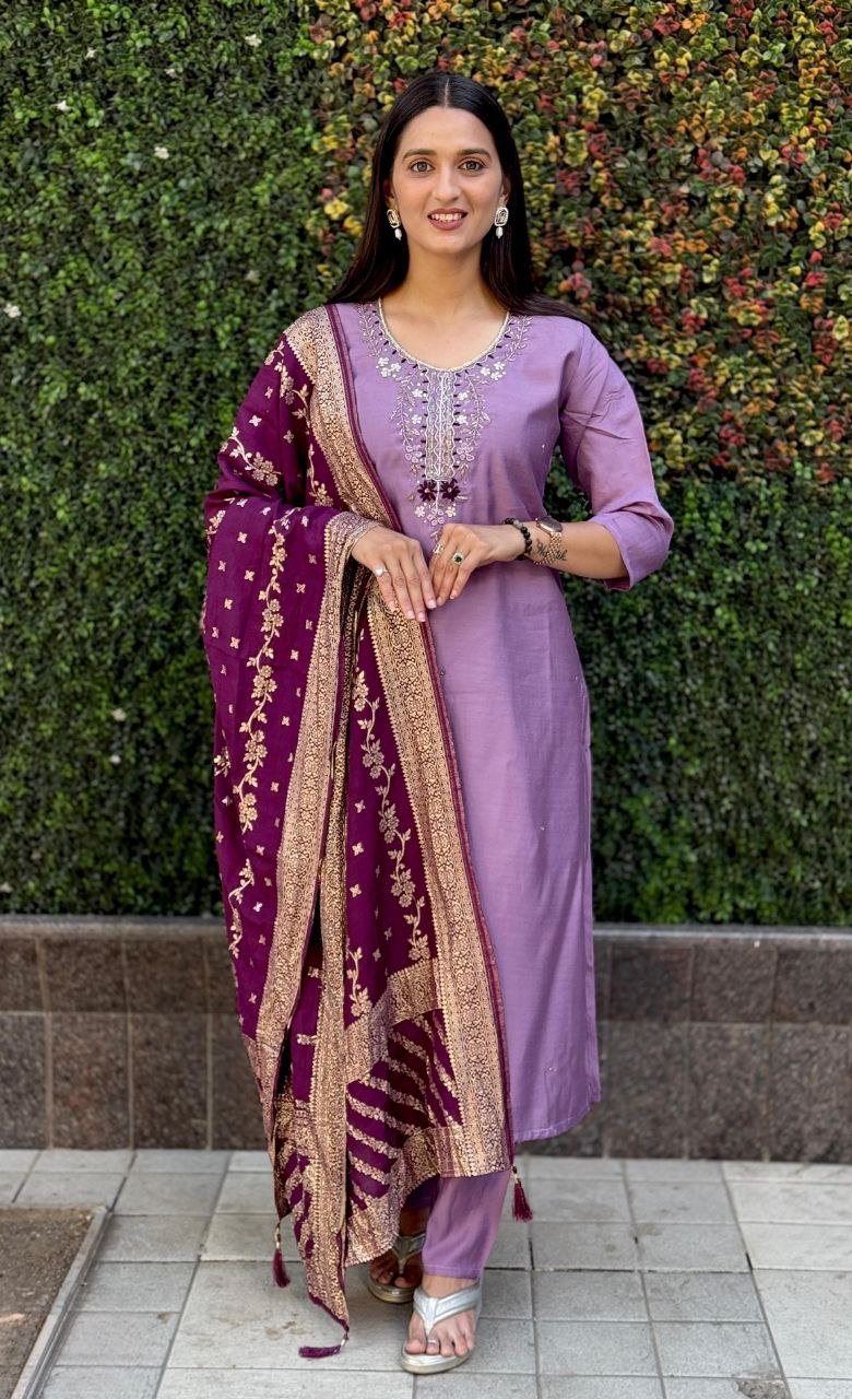 Lorenvalley Fashion Lavender Roman Silk Hand Work Kurta Pant with Dupatta