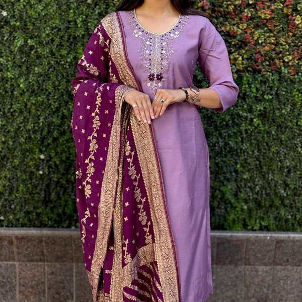 Lorenvalley Fashion Lavender Roman Silk Hand Work Kurta Pant with Dupatta - Distacart