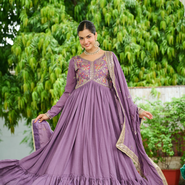 Lorenvalley Fashion Lavender Vichitra Silk with Embroidered Zari & Thread work Anarkali Gown with Dupatta - Distacart