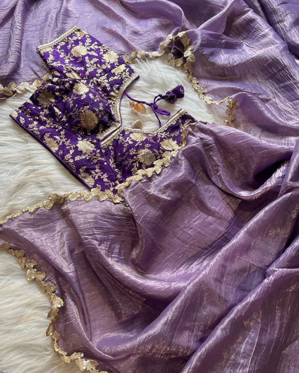 Lorenvalley Fashion Premium Lavender Tissue Crush Saree with Jacquard Weaving Stitched Blouse - Distacart