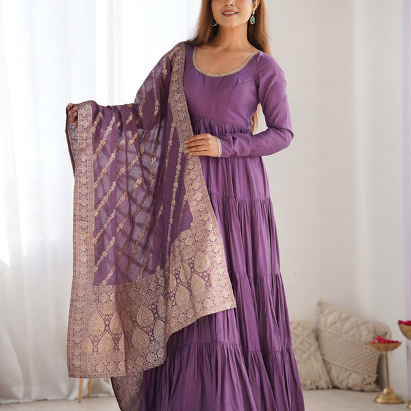 Lorenvalley Women Pure Roman silk Chanderi Fabric Layer Gathering Anarkali Kurta Pant With Dupatta Set - Lavender - Distacart