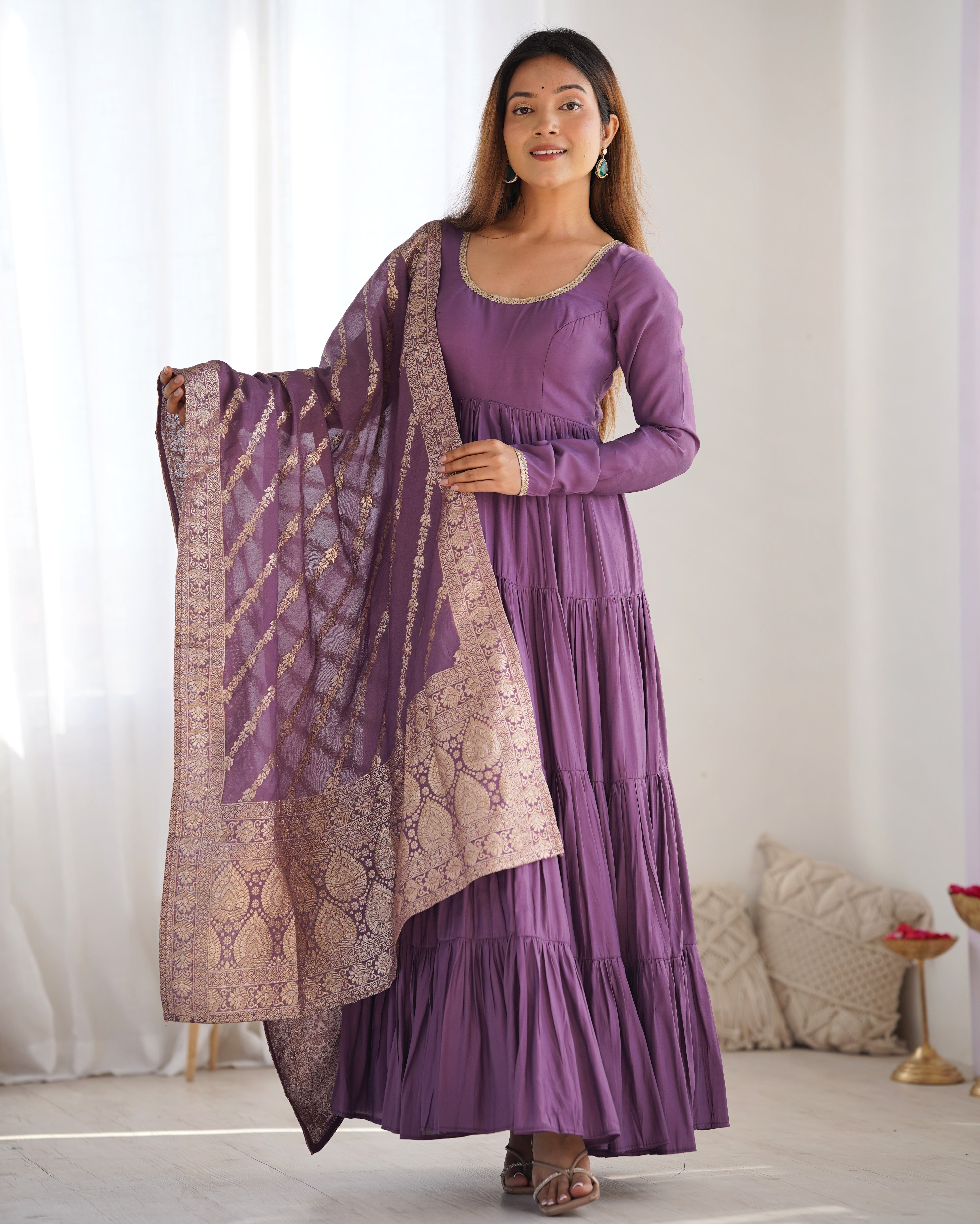 Lorenvalley Women Pure Roman silk Chanderi Fabric Layer Gathering Anarkali Kurta Pant With Dupatta Set - Lavender - Distacart