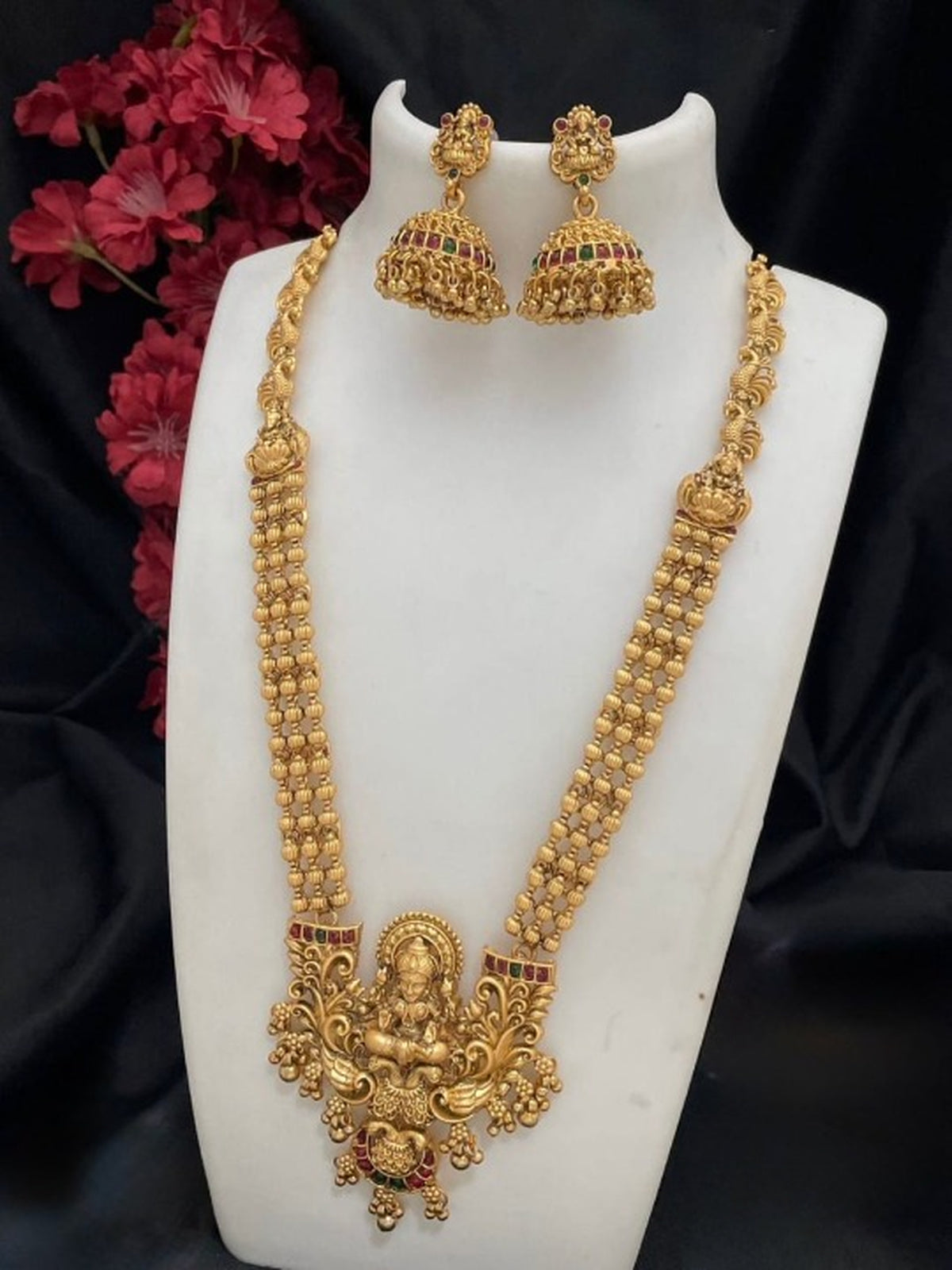Jewel City Antique Gold-Plated Lakshmi Temple Long Necklace Set with Jhumka Earrings for Women - Distacart