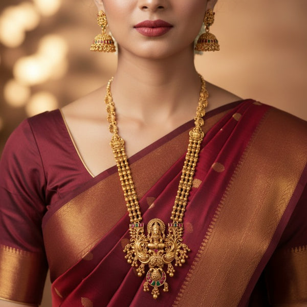 Jewel City Antique Gold-Plated Lakshmi Temple Long Necklace Set with Jhumka Earrings for Women - Distacart