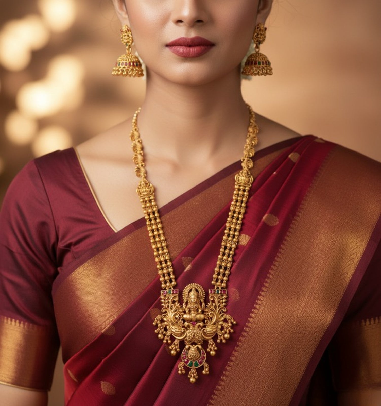 Jewel City Antique Gold-Plated Lakshmi Temple Long Necklace Set with Jhumka Earrings for Women - Distacart