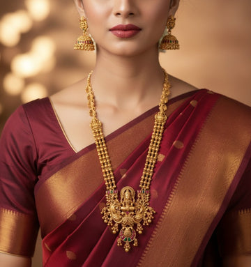 Jewel City Antique Gold-Plated Lakshmi Temple Long Necklace Set with Jhumka Earrings for Women - Distacart