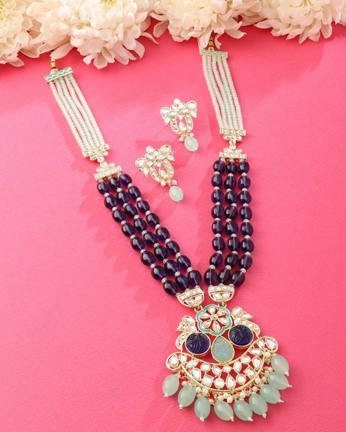 Jewel City Royal Blue Beaded Kundan Pendant Necklace Set | Mint Green Drop Beads | Traditional Gold-Plated Indian Jewelry Set